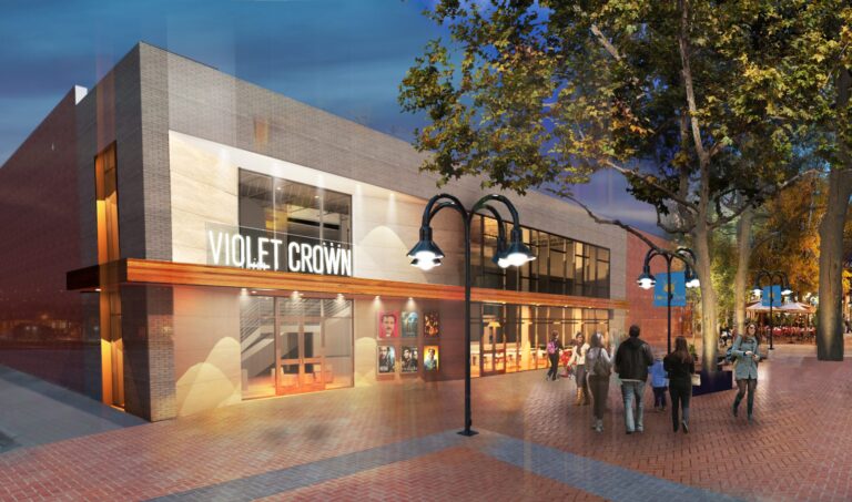 Violet Crown cinema exterior, featuring the new festival headquarters and movie posters.