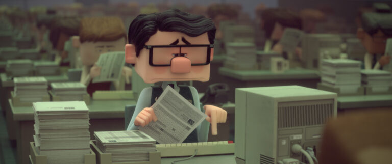 Animated office worker overwhelmed by paperwork at a computer.