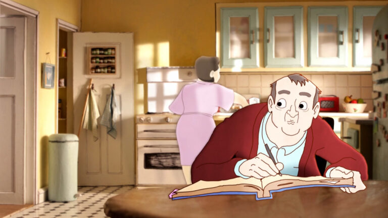 Animated scene of a man writing at a table in a kitchen, with a woman at the stove in the background.