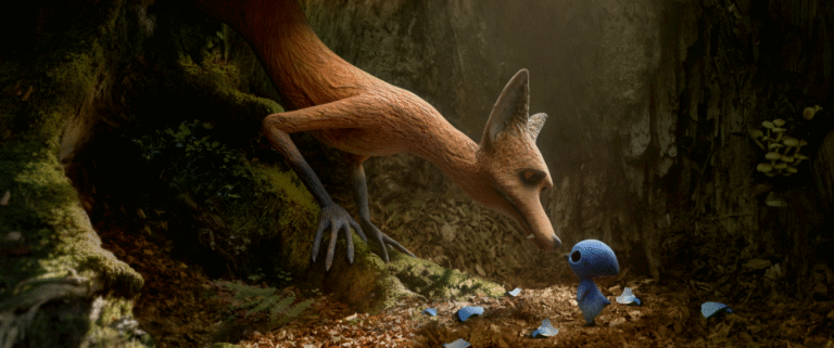 Fox and blue creature with broken eggshells in a forest setting.