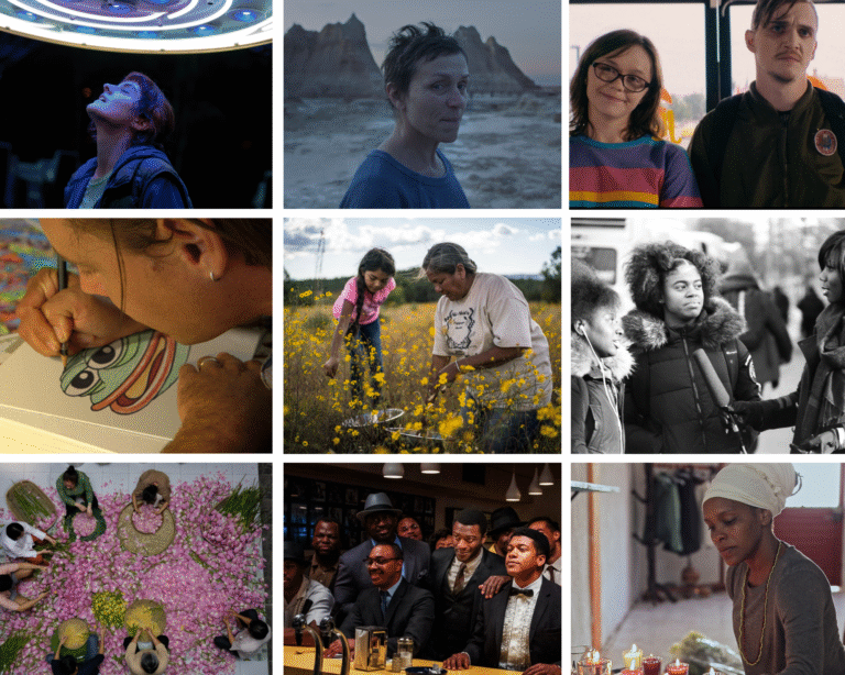 Stills from 2020 Virginia Film Festival movies, diverse scenes and subjects.