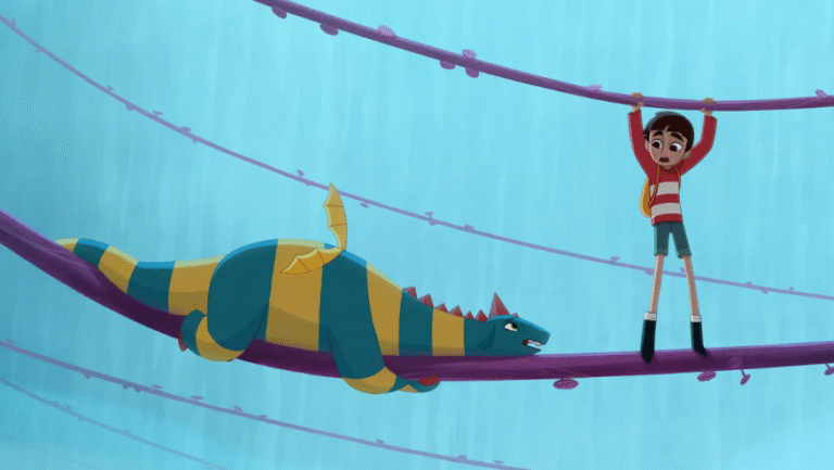 Still from *My Father's Dragon* shows Elmer hanging from a vine above Boris the dragon.
