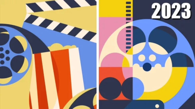2023 film festival calendar graphic with film reel, popcorn, and clapperboard illustrations.