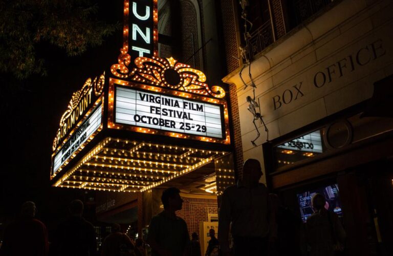 Virginia Film Festival marquee at night, October 25-29.