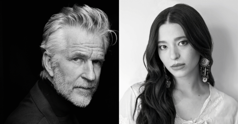 Black and white portraits of actors John Ralston and Yasemin Kay Allen.