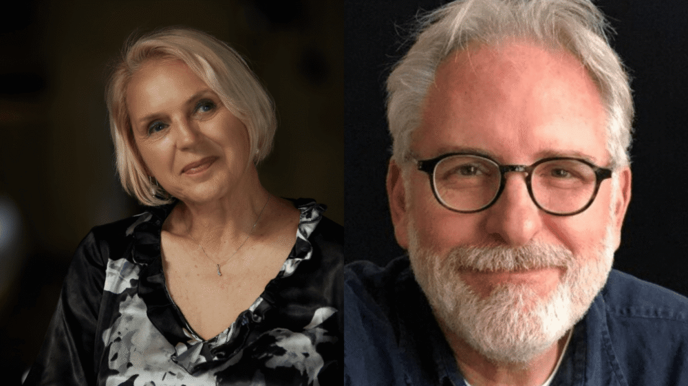 Portraits of a woman and a man with grey hair.