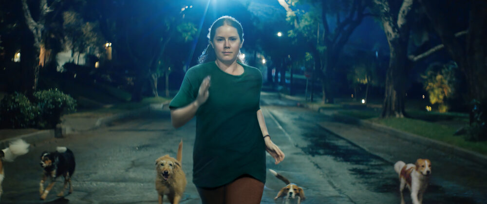 Amy Adams running with dogs at night, promoting "Nightbitch.