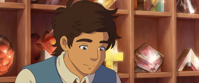 Anime-style character from The Glassworker, looking down with a slight smile, surrounded by gems.