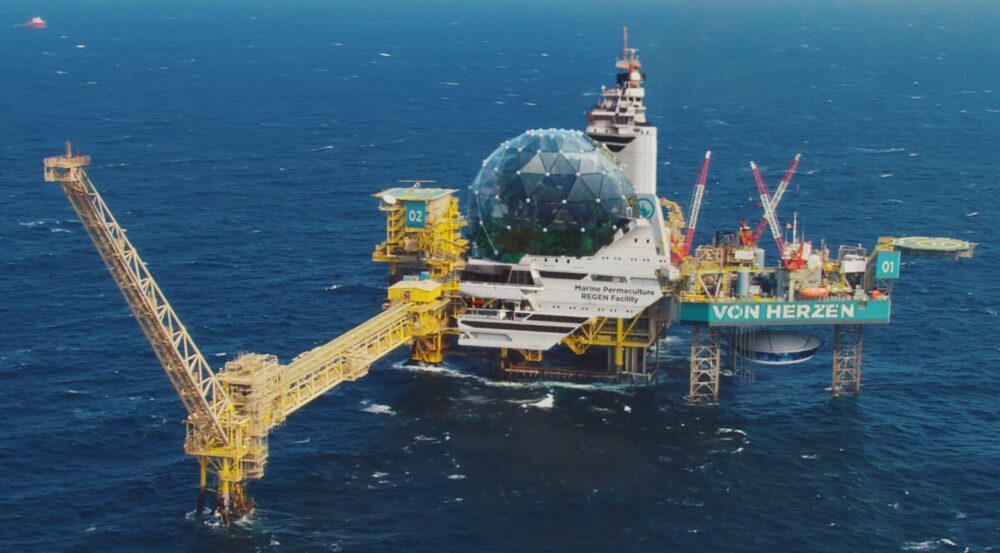 Offshore Marine Permaculture Facility "Von Herzen" with a geodesic dome, showcasing sustainable ocean farming for 2040.