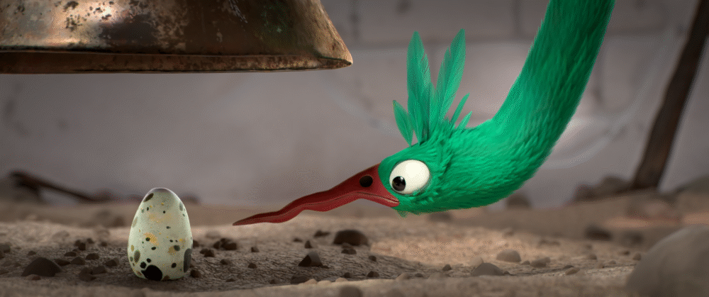 Animated green bird with a long red beak looking at a speckled egg on the ground.