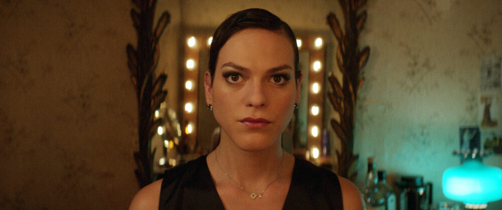 Close-up of Daniela Vega in "A Fantastic Woman," looking directly at the camera with a serious expression.