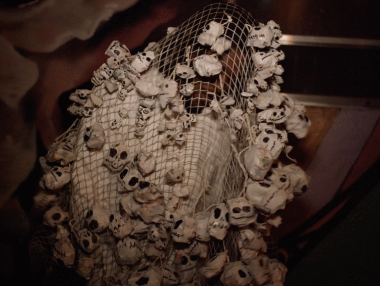 Skull-covered veil, possibly for Afrikana Film Festival costume.
