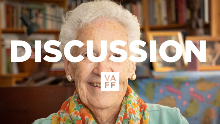 Smiling older woman with "DISCUSSION" text overlay, VAFF logo.