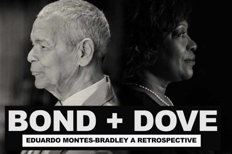 Rita Dove & Julian Bond in a black and white photo for "Bond + Dove" retrospective.