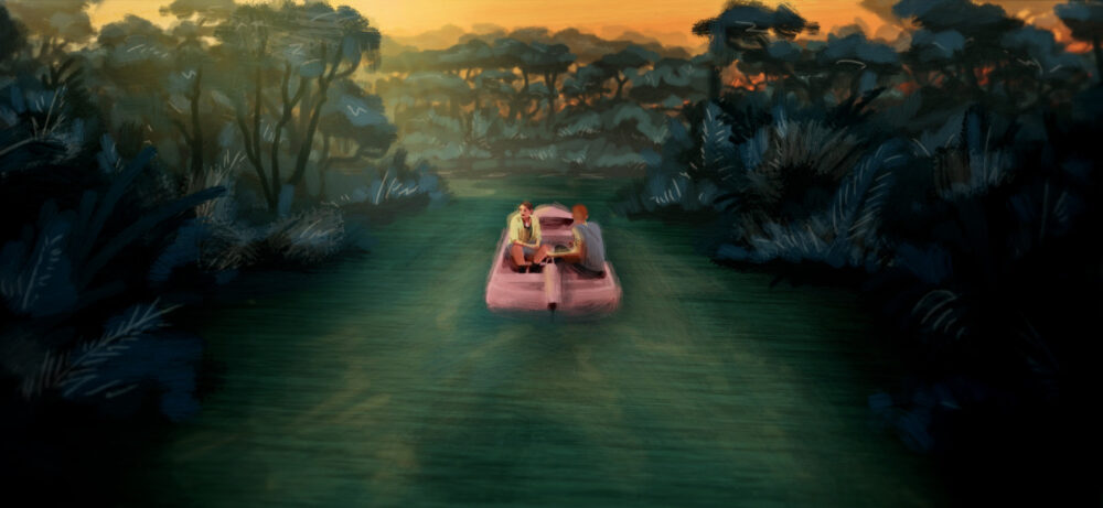 Couple in a pink boat on a swamp river, possibly alligator hunting at sunset.