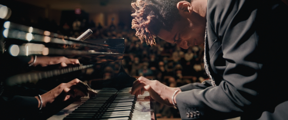 Young pianist performing "American Symphony" for a large audience.