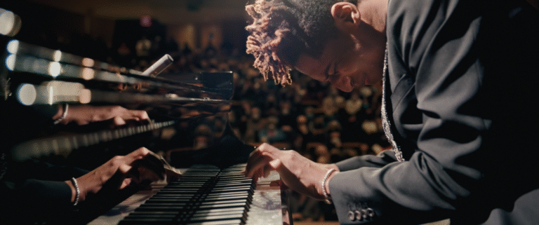 Young pianist performing "American Symphony" for a large audience.
