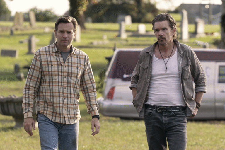 Ewan McGregor and Ethan Hawke in "Raymond & Ray" at a cemetery.