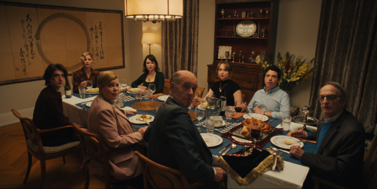 Family gathered for a tense "Bad Shabbos" dinner, around a laden table.