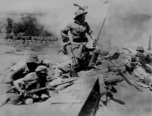 Confederate soldiers in trench warfare during the Civil War, flag raised.