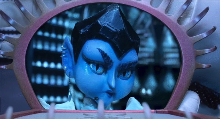 Stop-motion animation of a blue-skinned character with a crystal headpiece.