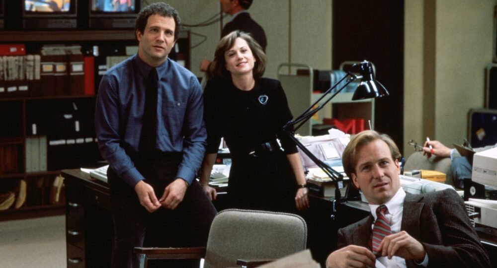 Broadcast News: Holly Hunter, Albert Brooks, and William Hurt in a scene from the movie.