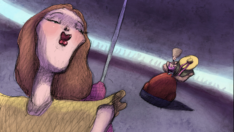 Cartoon of a woman singing with a guitarist in the background.