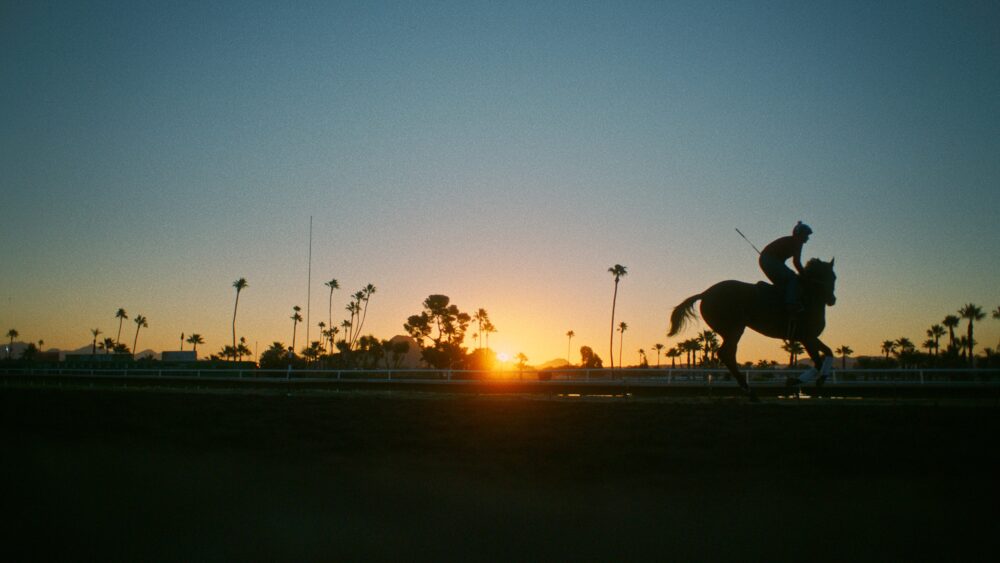 Jockey riding a horse at sunset on a racetrack with palm trees in the background.