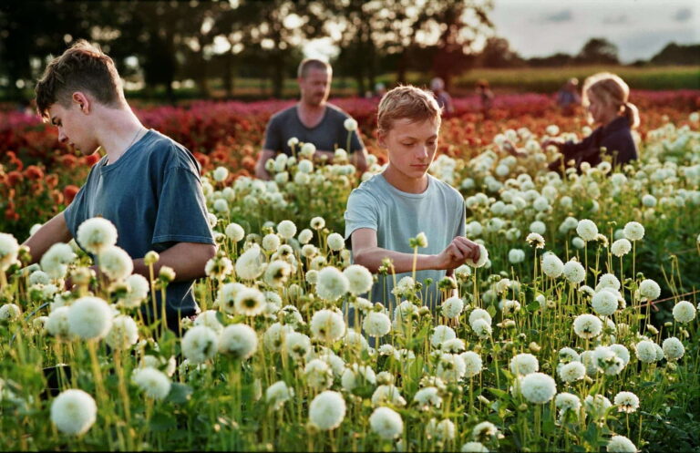 People working in a field of white dahlia flowers.