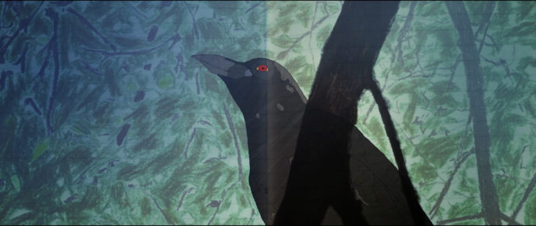 Illustration of a black crow with red eyes perched in a tree, evoking a mysterious mood.