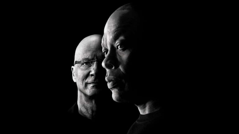 Dr. Dre and Jimmy Iovine in a dramatic black and white portrait from "The Defiant Ones".