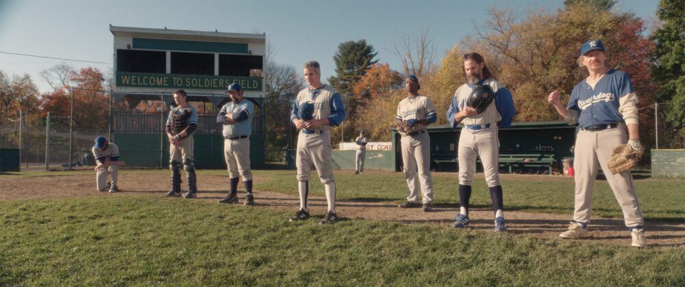 Baseball team at Soldiers Field standing before a game.