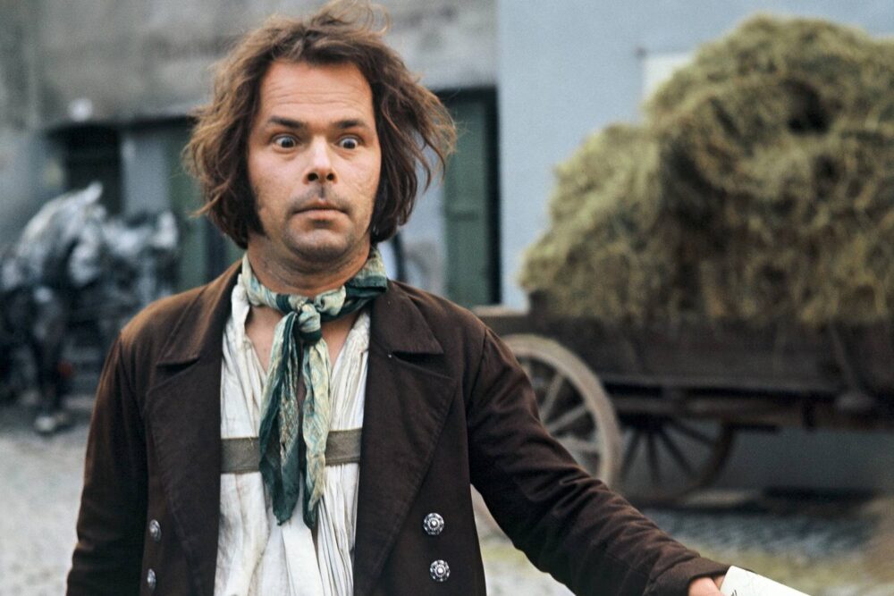 Bruno S., star of "The Enigma of Kaspar Hauser," with a surprised expression, wearing a period costume.