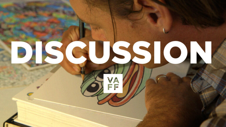 Artist drawing "Feels Good Man" Pepe the Frog. Discussion text overlay. VAFF logo.