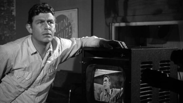 Andy Griffith in "A Face in the Crowd" looking at himself on TV.