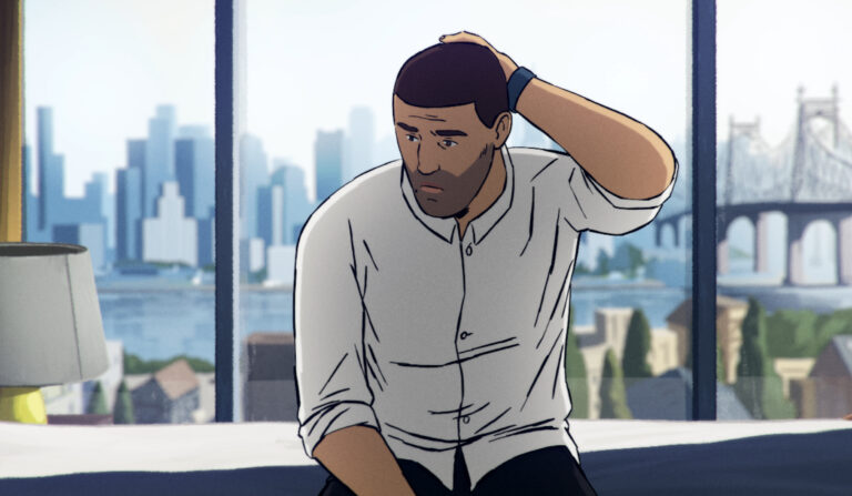 Animated man looking worried, hand on head, city skyline in background.