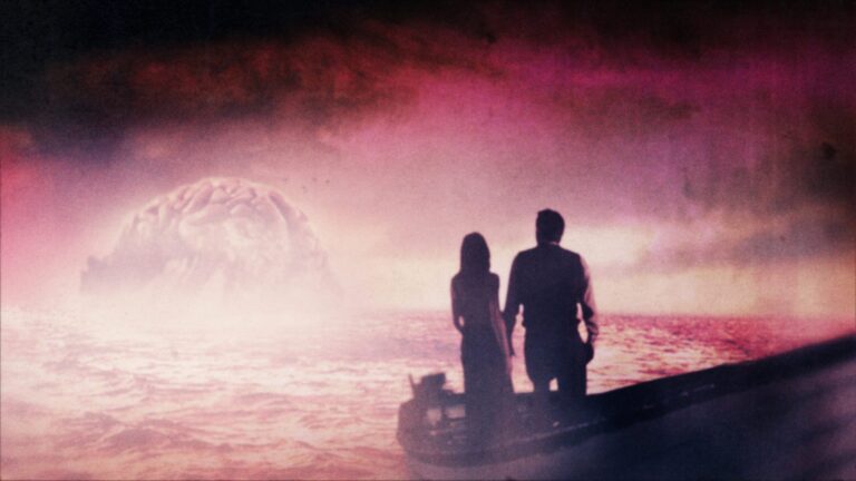 Couple on a boat gazing at a mysterious brain-shaped island.