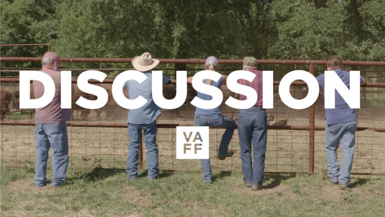 Group of farmers having a "Good Ol Girl Discussion" by a fence. VAFF text overlay.