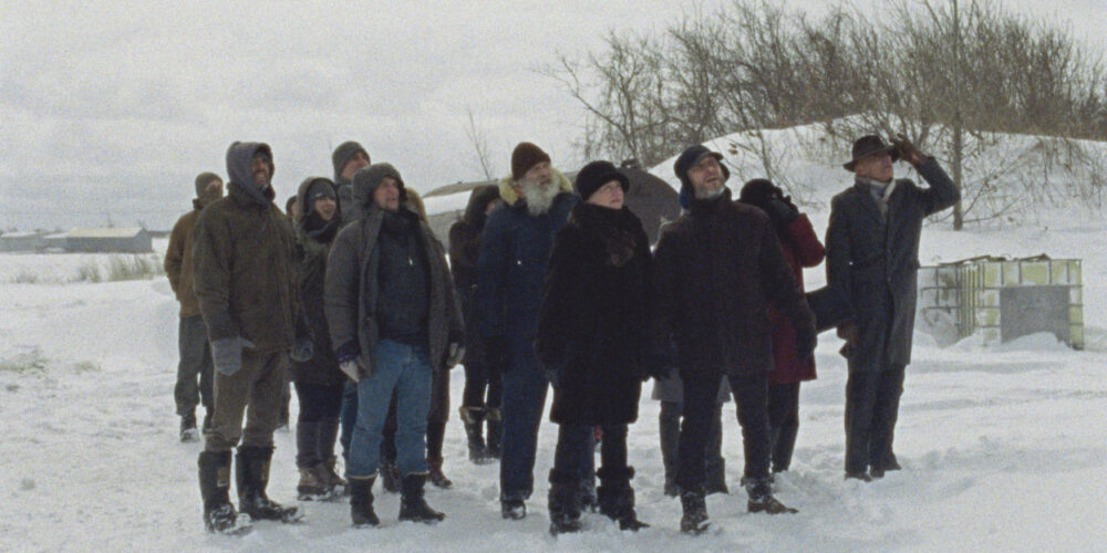 Group of people stand in snow, looking up. Possibly related to the film Ghost Town Anthology.
