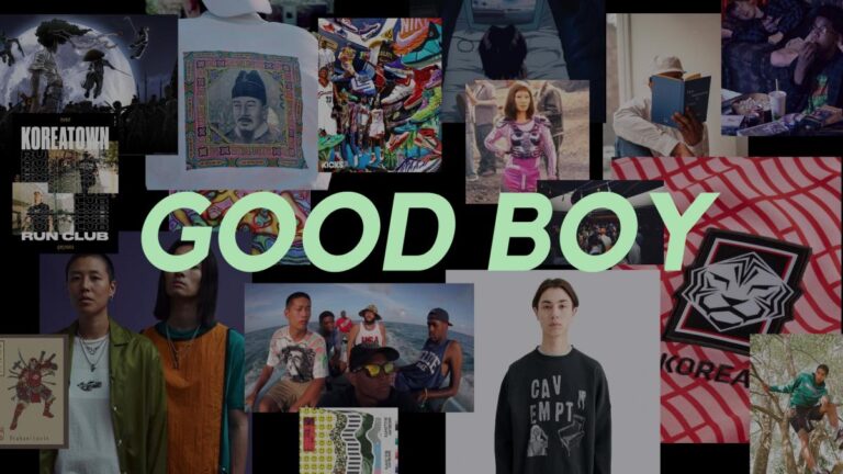 Collage of images, text "GOOD BOY", fashion, art, and cultural references.