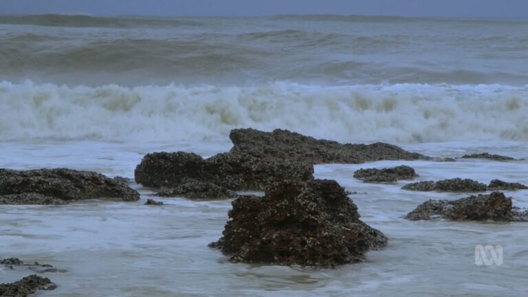 Rough ocean waves crash against dark, rocky outcrops along the shore under a cloudy sky.
