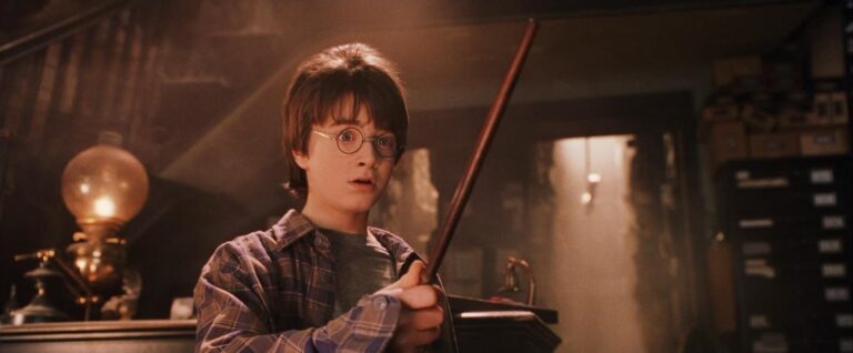 Harry Potter in Harry Potter and the Sorcerer's Stone holds his wand with a surprised expression.
