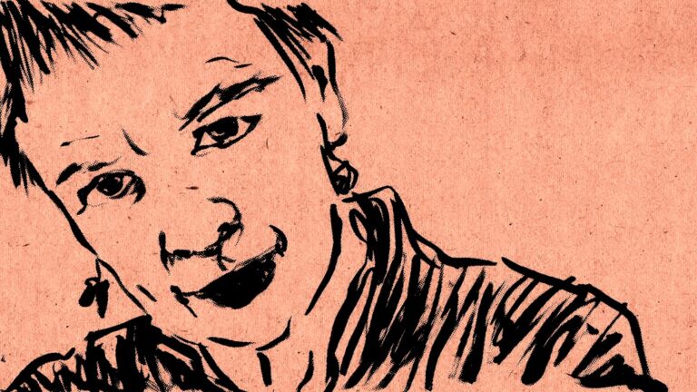 Sketch of a person with short hair and an intense gaze.