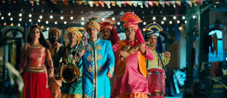 Indian wedding band in traditional attire.