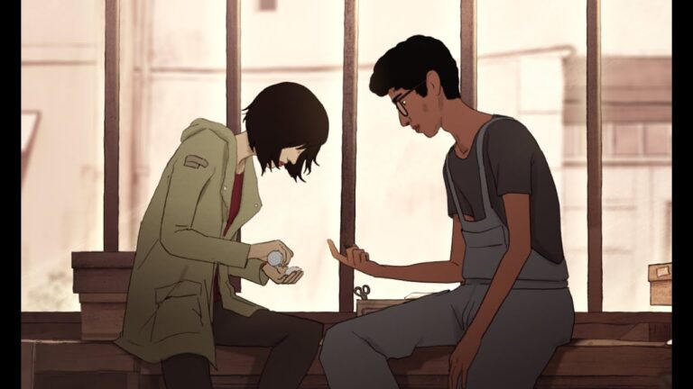 Scene from "I Lost My Body" animation: Two characters examining an object in a workshop.