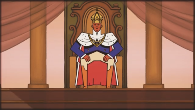 Cartoon illustration of Henri Christophe, the King of Haiti, sitting on his throne.