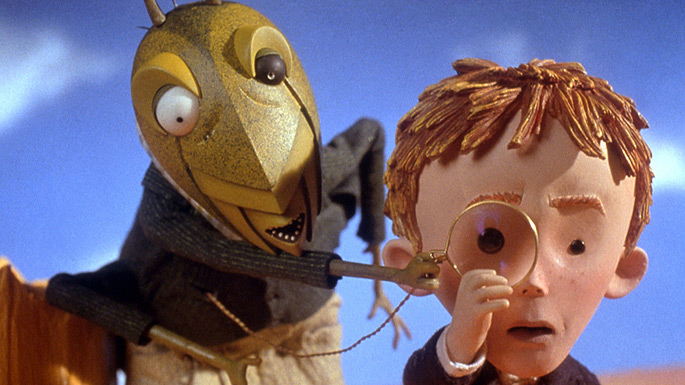 James and the Giant Peach: Young James with Grasshopper using magnifying glass.