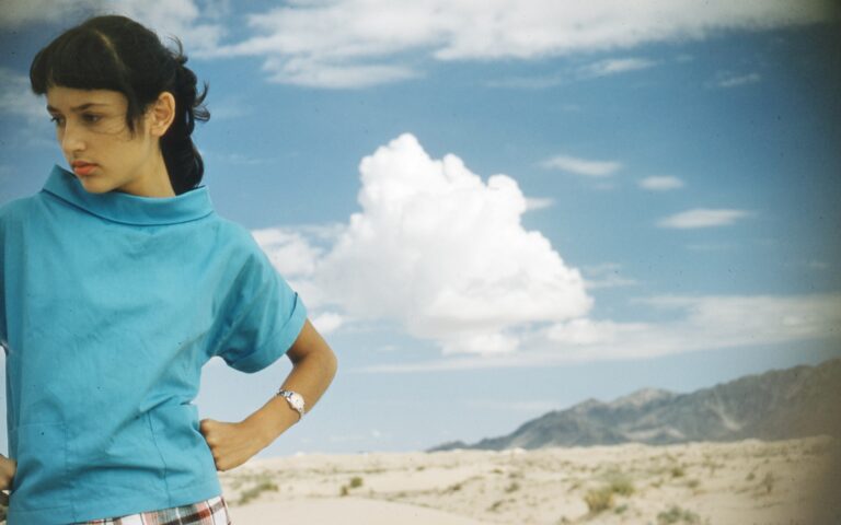 Joan Baez stands in a desert landscape, gazing pensively. Sky with clouds and mountains in background.
