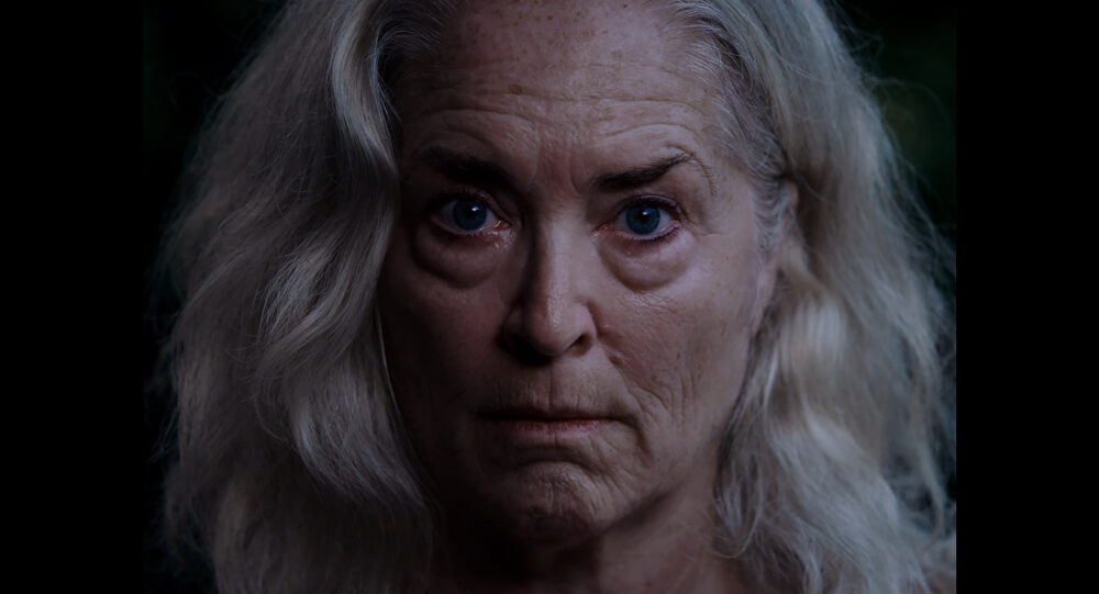 Close-up of actress Krisha Fairchild, intense gaze, silver hair.