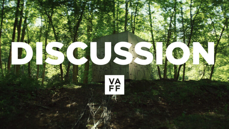 Discussion graphic for Lapsis film featuring a wooden structure in a forest. VAFF logo included.